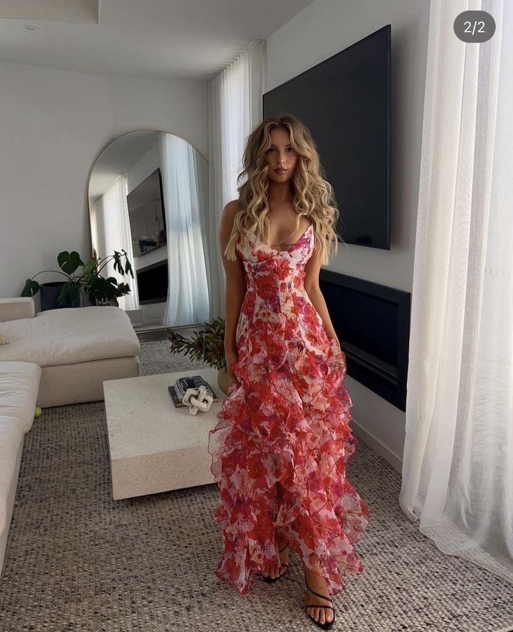 Pretty A Line Spaghetti Straps Floral Red Sleeveless Ruffles Evening Prom Dresses Main image