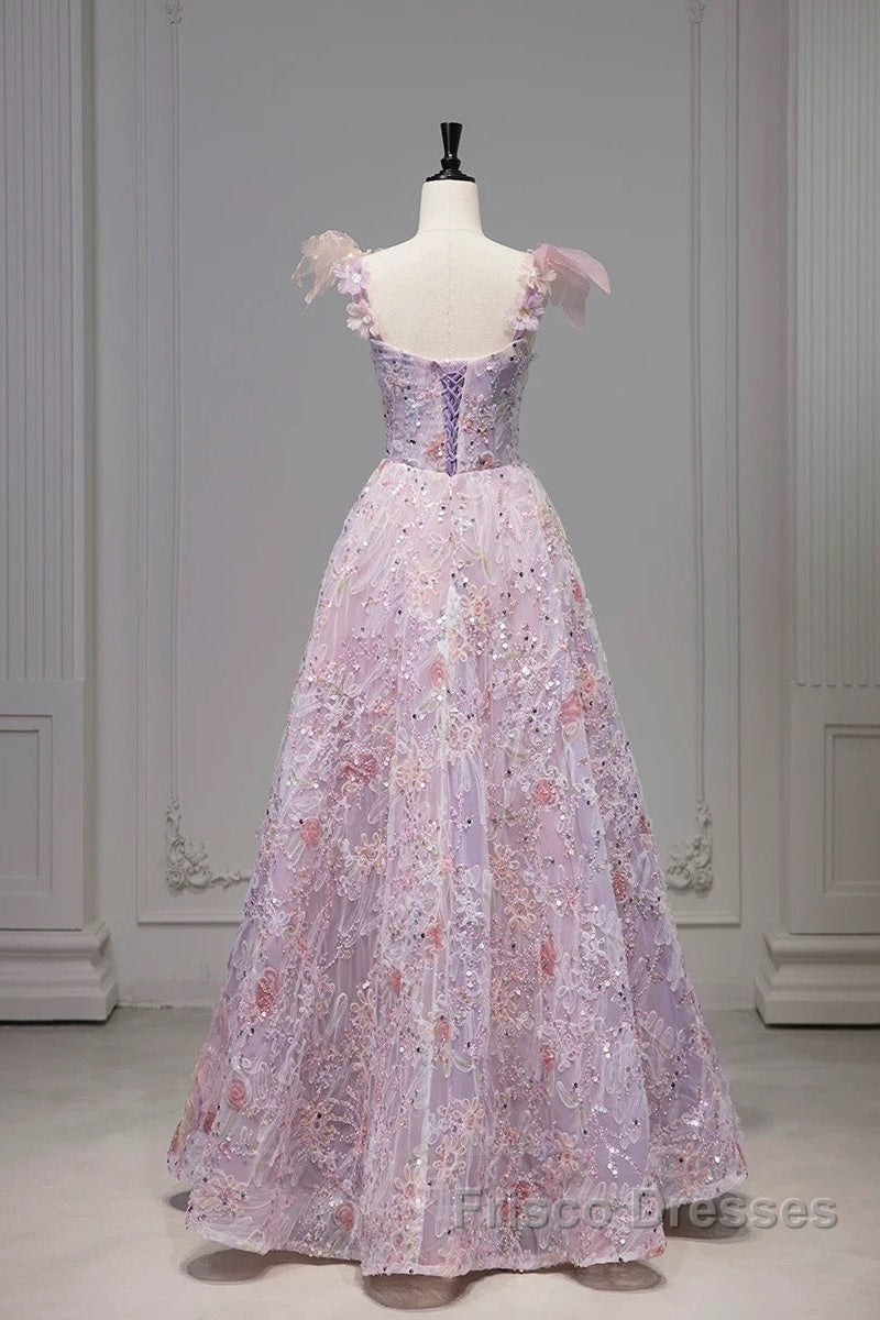 Pretty A Line Spaghetti Straps Pink Floral Long Length Evening Dress Formal Prom Dress