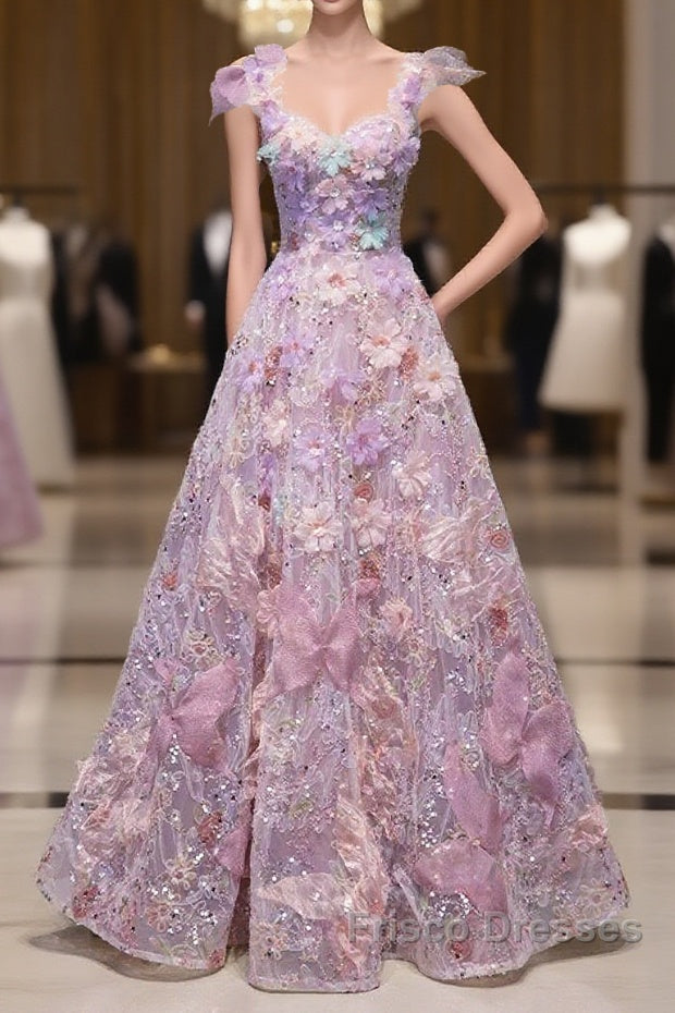 Pretty A Line Spaghetti Straps Pink Floral Long Length Evening Dress Formal Prom Dress Main image