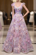 Pretty A Line Spaghetti Straps Pink Floral Long Length Evening Dress Formal Prom Dress