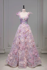 Pretty A Line Spaghetti Straps Pink Floral Long Length Evening Dress Prom Dresses