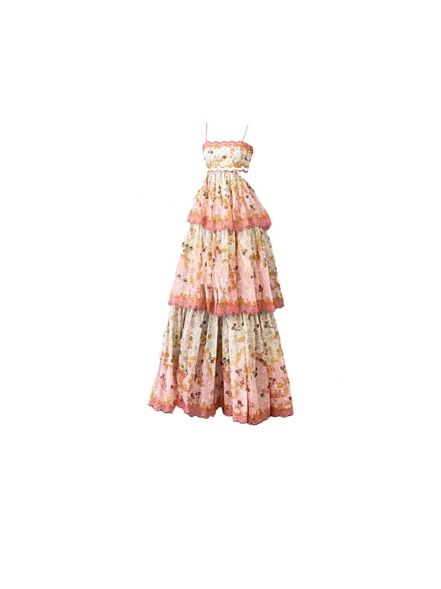 Pretty A Line Spaghetti Straps Pink Floral Ruffles Backless Long Prom Dresses Evening Dress