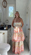 Pretty A Line Spaghetti Straps Pink Floral Ruffles Backless Long Prom Dresses Evening Dress