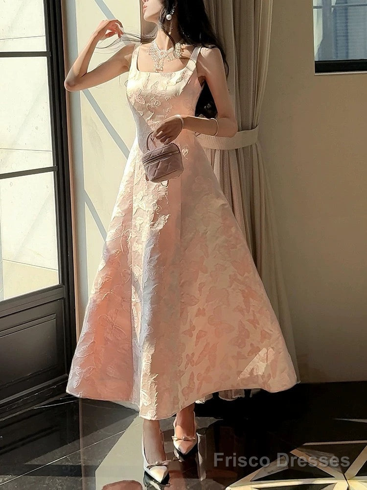 Pretty A Line Spaghetti Straps Pink Lace Satin Prom Dresses Evening Gowns Main image