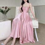 Pretty A Line Spaghetti Straps Pink Satin Prom Dresses Birthday Outfits With Beads