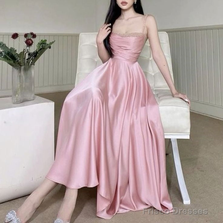 Pretty A Line Spaghetti Straps Pink Satin Prom Dresses Birthday Outfits With Beads