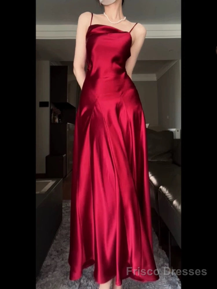 Pretty A Line Spaghetti Straps Red Satin Long Floor Length Prom Dresses Main image