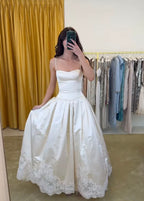 Pretty A Line Spaghetti Straps Stain Lace Long Prom Dresses Formal Dress