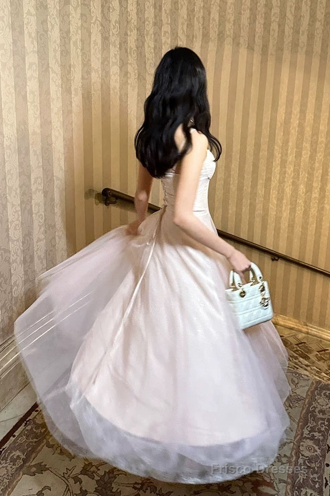 Pretty A Line Spaghetti Straps Tulle Pink Ankle Length Evening Dress Prom Dresses