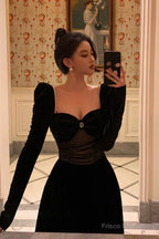 Pretty A Line Square Neckline Long Sleeves Black Velvet Prom Dresses Birthday Outfits Evening Gown