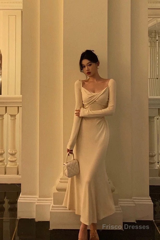 Pretty A Line Square Neckline Long Sleeves Ivory Prom Dresses Birthday Outfits Evening Gown Secondary image