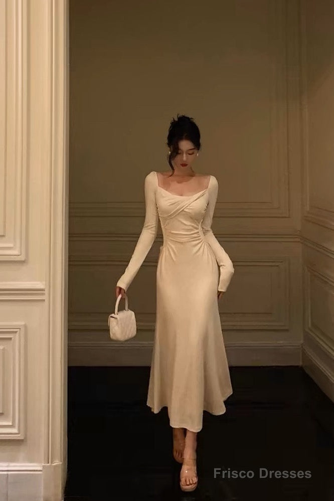Pretty A Line Square Neckline Long Sleeves Ivory Prom Dresses Birthday Outfits Evening Gown