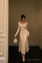 Pretty A Line Square Neckline Long Sleeves Ivory Prom Dresses Birthday Outfits Evening Gown