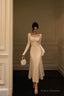 Pretty A Line Square Neckline Long Sleeves Ivory Prom Dresses Birthday Outfits Evening Gown