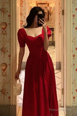 Pretty A Line Square Neckline Red Short Sleeves Date Night Dress Prom Dresses Birthday Party Outfit