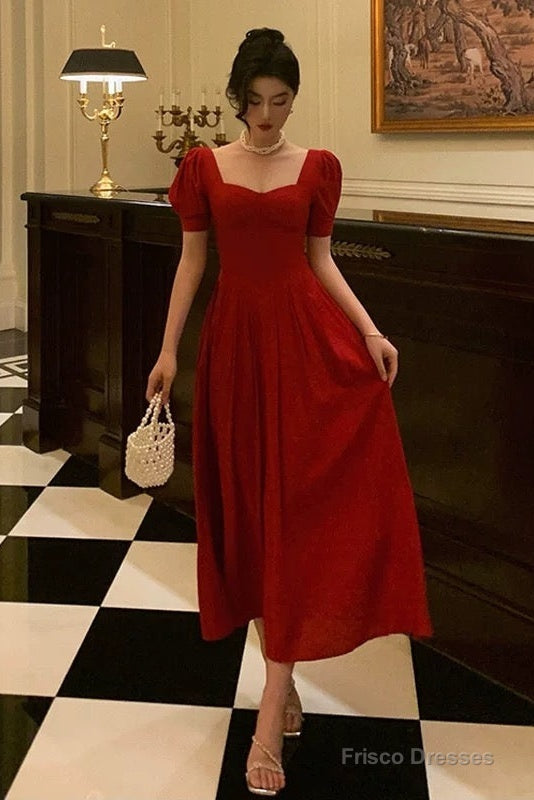 Pretty A Line Square Neckline Red Short Sleeves Date Night Dress Prom Dresses Birthday Party Outfit Main image