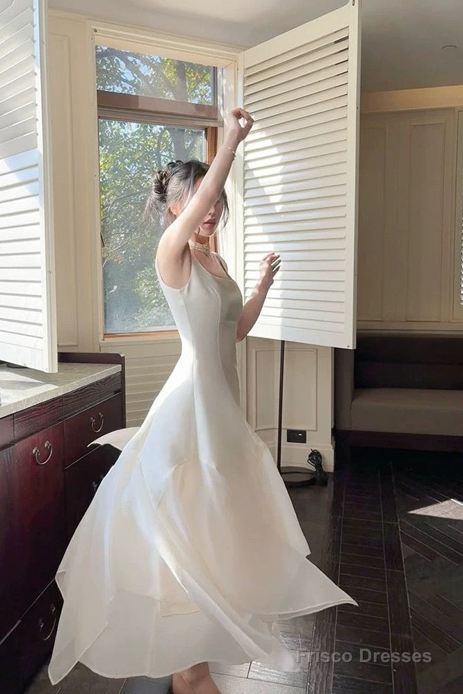 Pretty A Line Square Neckline White Ankle Length Evening Dress Prom Dresses