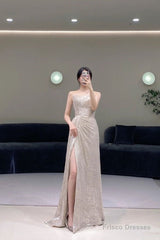 Pretty A Line Strapless Sequin Evening Dress Long Slit Prom Dresses
