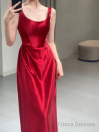Pretty A line Straps Red Satin Long Floor Length Prom Dresses