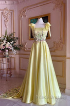 Pretty A Line Straps Satin Yellow Long Formal Prom Dress Formal Evening Dress