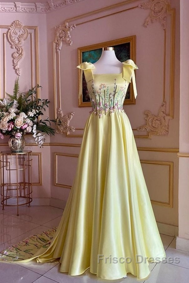 Pretty A Line Straps Satin Yellow Long Formal Prom Dress Formal Evening Dress
