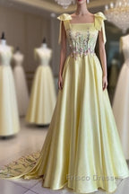 Pretty A Line Straps Satin Yellow Long Formal Prom Dress Formal Evening Dress