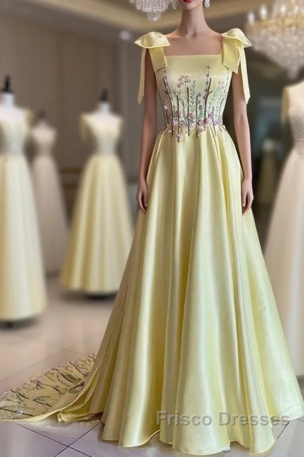 Pretty A Line Straps Satin Yellow Long Formal Prom Dress Formal Evening Dress
