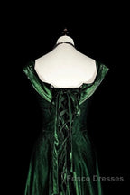 Pretty A Line Sweetheart Ruffles Long Evening Dress Green Velvet Formal Prom Dress