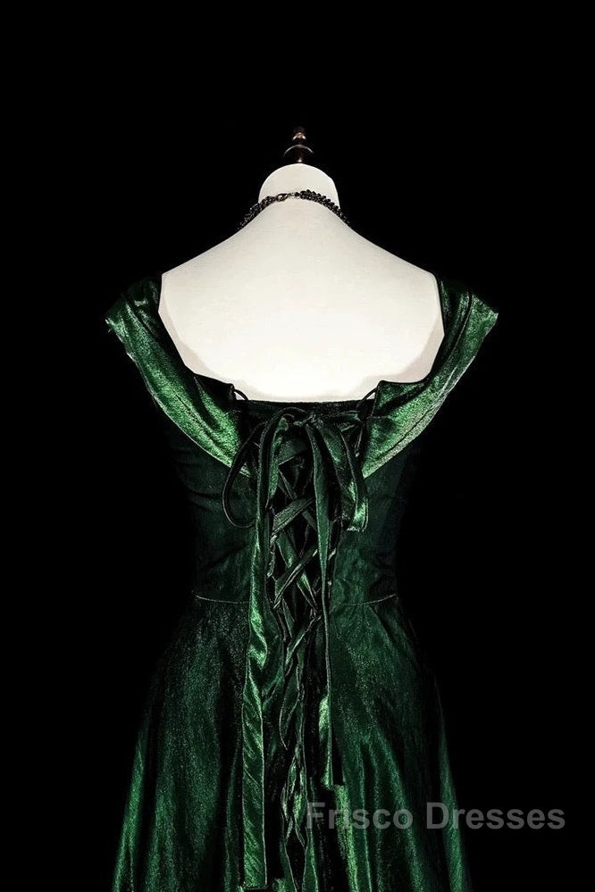 Pretty A Line Sweetheart Ruffles Long Evening Dress Green Velvet Formal Prom Dress