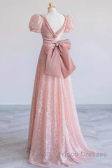 Pretty A Line Sweetheart Short Sleeves Long Evening Party Dress Pink Formal Prom Dress