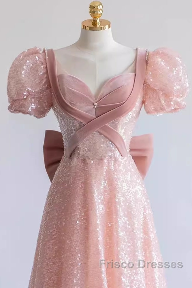 Pretty A Line Sweetheart Short Sleeves Long Evening Party Dress Pink Formal Prom Dress