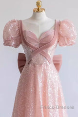 Pretty A Line Sweetheart Short Sleeves Long Evening Party Dress Pink Formal Prom Dress