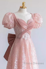 Pretty A Line Sweetheart Short Sleeves Long Evening Party Dress Pink Formal Prom Dress