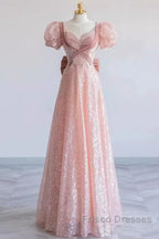 Pretty A Line Sweetheart Short Sleeves Long Evening Party Dress Pink Formal Prom Dress