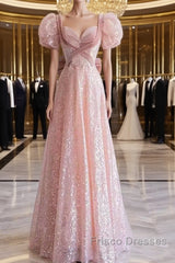 Pretty A Line Sweetheart Short Sleeves Long Evening Party Dress Pink Formal Prom Dress