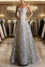 Pretty A Line Sweetheart Tulle Floral Long Formal Prom Dress Evening Gowns