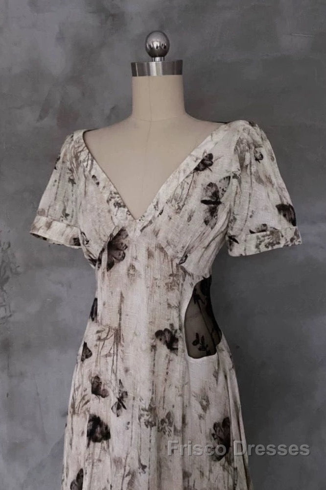 Pretty A Line V Neckline Floral Long Formal Prom Dress Birthday Dress For Women