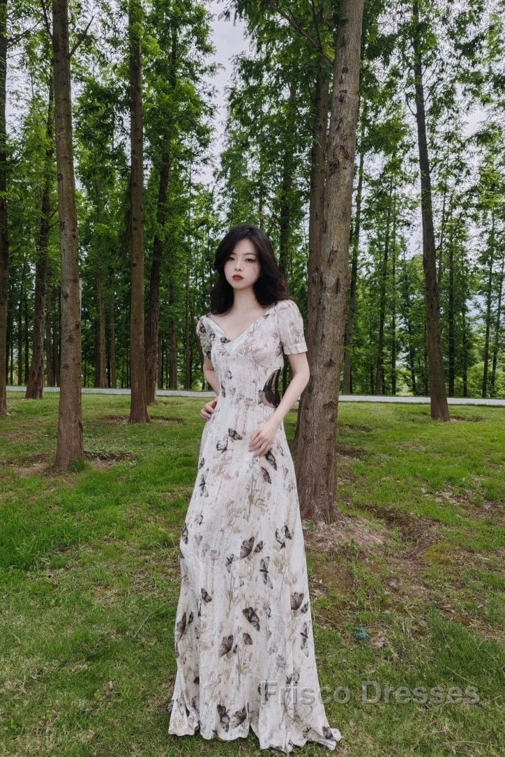 Pretty A Line V Neckline Floral Long Formal Prom Dress Birthday Dress For Women