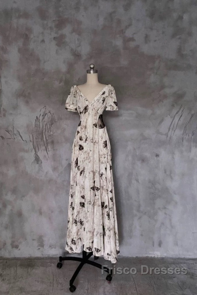 Pretty A Line V Neckline Floral Long Formal Prom Dress Birthday Dress For Women