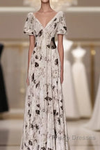 Pretty A Line V Neckline Floral Long Formal Prom Dress Birthday Dress For Women