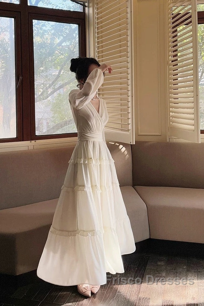 Pretty A Line V Neckline Long Sleeves Chiffon White Ankle Length Evening Dress Formal Prom Dress Secondary image