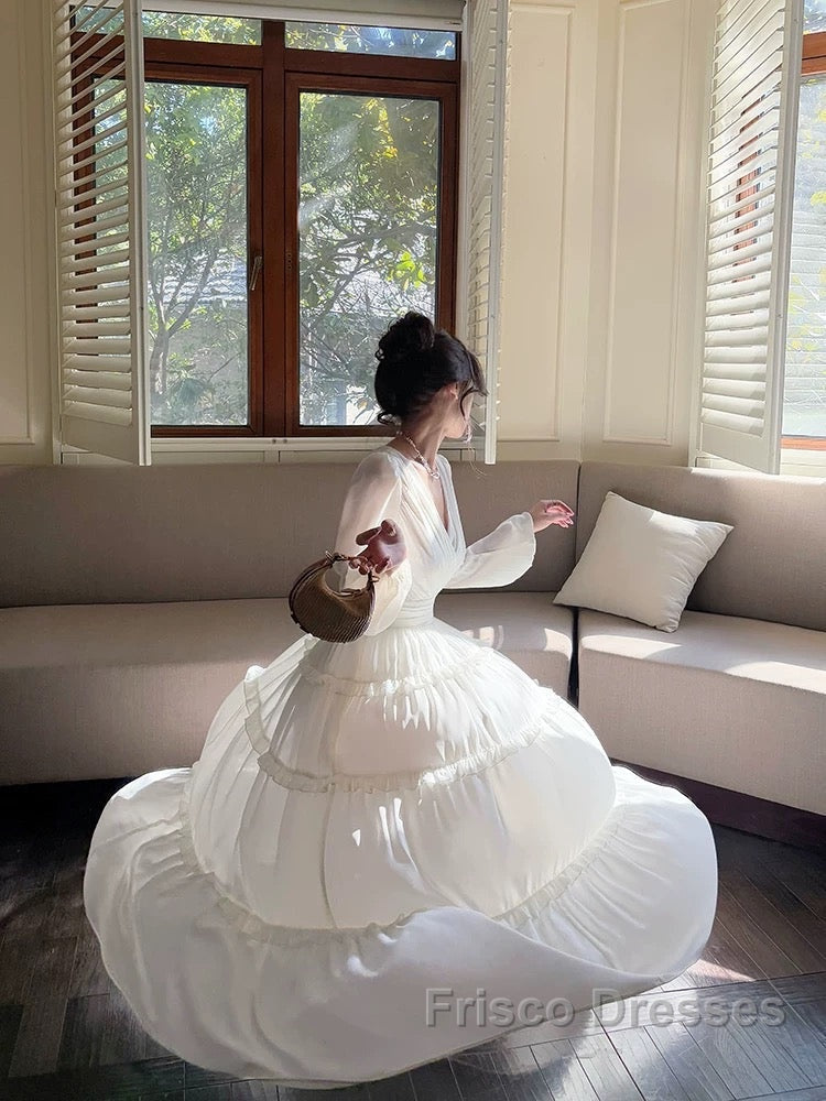 Pretty A Line V Neckline Long Sleeves Chiffon White Ankle Length Evening Dress Formal Prom Dress