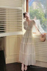 Pretty A Line V Neckline Long Sleeves Chiffon White Ankle Length Evening Dress Prom Dresses