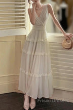 Pretty A Line V Neckline Long Sleeves Chiffon White Ankle Length Evening Dress Formal Prom Dress