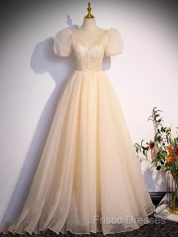 Pretty A Line V Neckline Short Sleeves Long Formal Party Dress Formal Prom Dress