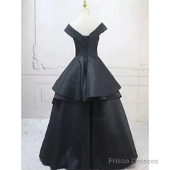 Pretty Ball Gown Off The Shoulder Black Satin Prom Dresses Evening Dress