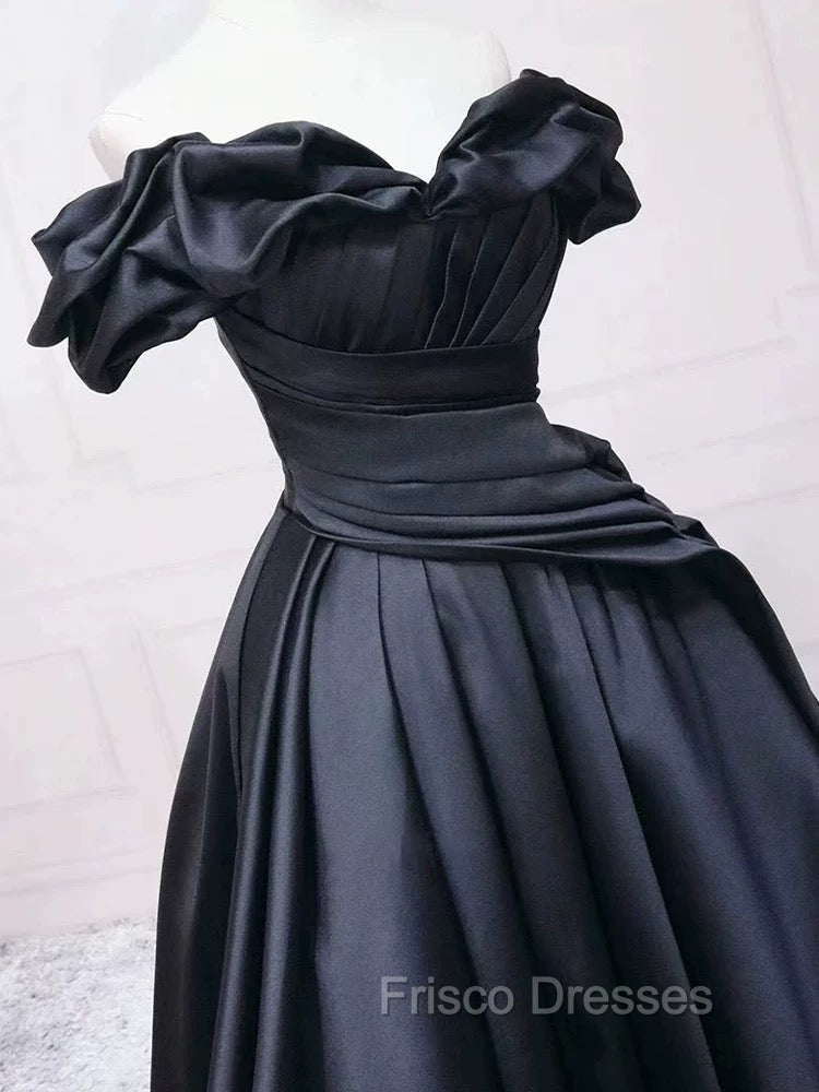 Pretty Ball Gown Off The Shoulder Black Satin Formal Prom Dress Evening Dress With Pleated