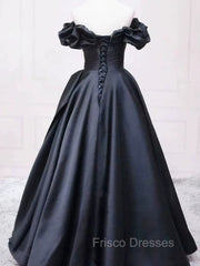 Pretty Ball Gown Off The Shoulder Black Satin Formal Prom Dress Evening Dress With Pleated