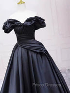 Pretty Ball Gown Off The Shoulder Black Satin Formal Prom Dress Evening Dress With Pleated