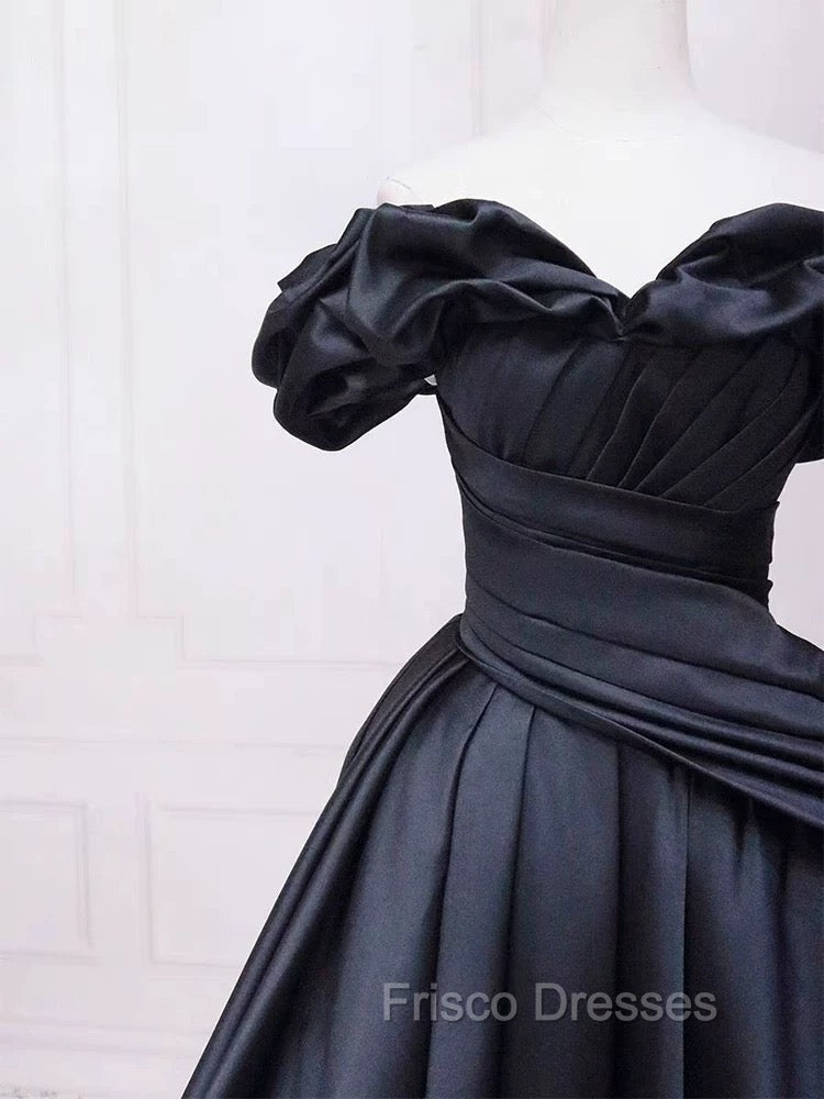 Pretty Ball Gown Off The Shoulder Black Satin Formal Prom Dress Evening Dress With Pleated